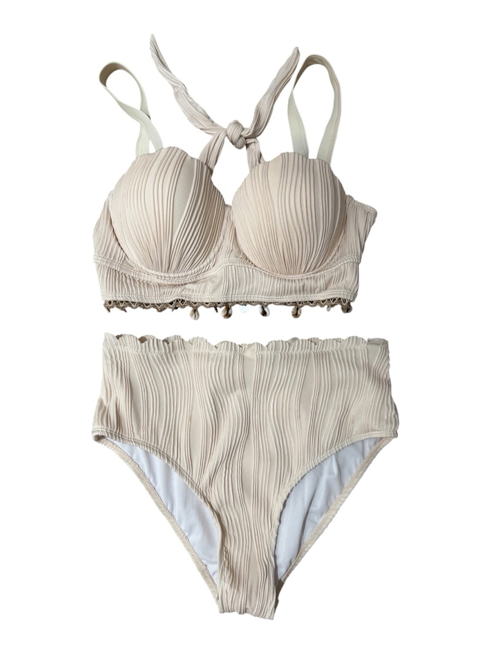 ✨👙NWOT MODLILY Women’s High Waist Cream Scalloped Beaded 2 Piece Tankini L